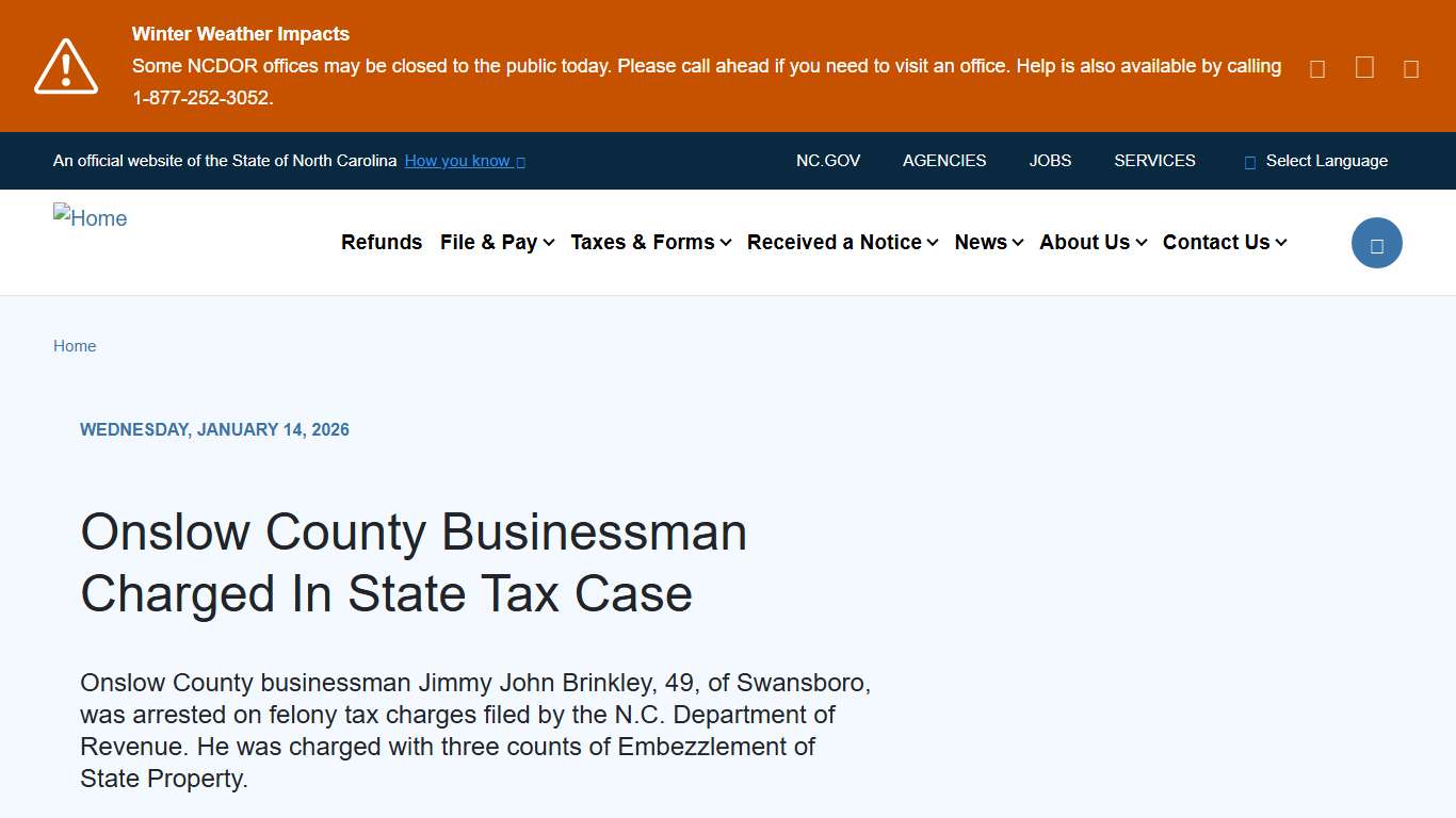 Onslow County Businessman Charged In State Tax Case NCDOR